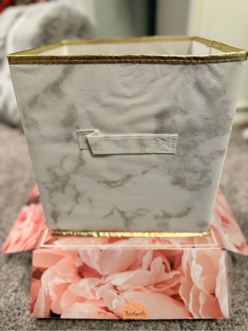 Set of 4 Fabric Storage Bins with Marble Print and Gold Trim